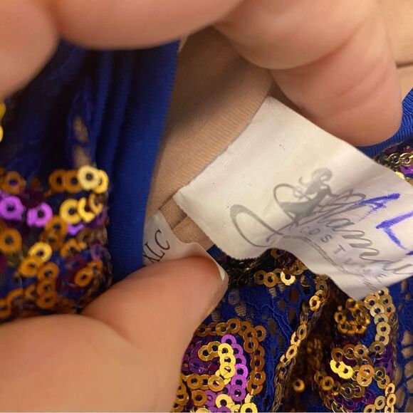 Glamour dance costume solo gold sequin blue feather sassy salsa jazz XLC child - Picture 7 of 11